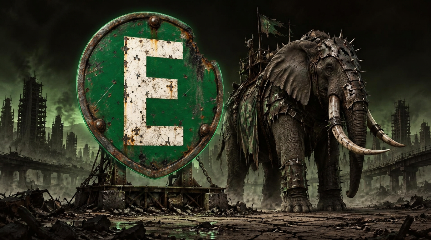 A monumental battle-worn green shield bearing the Eventageddon E beside Don Emilio, the armored war elephant, in a post-apocalyptic wasteland